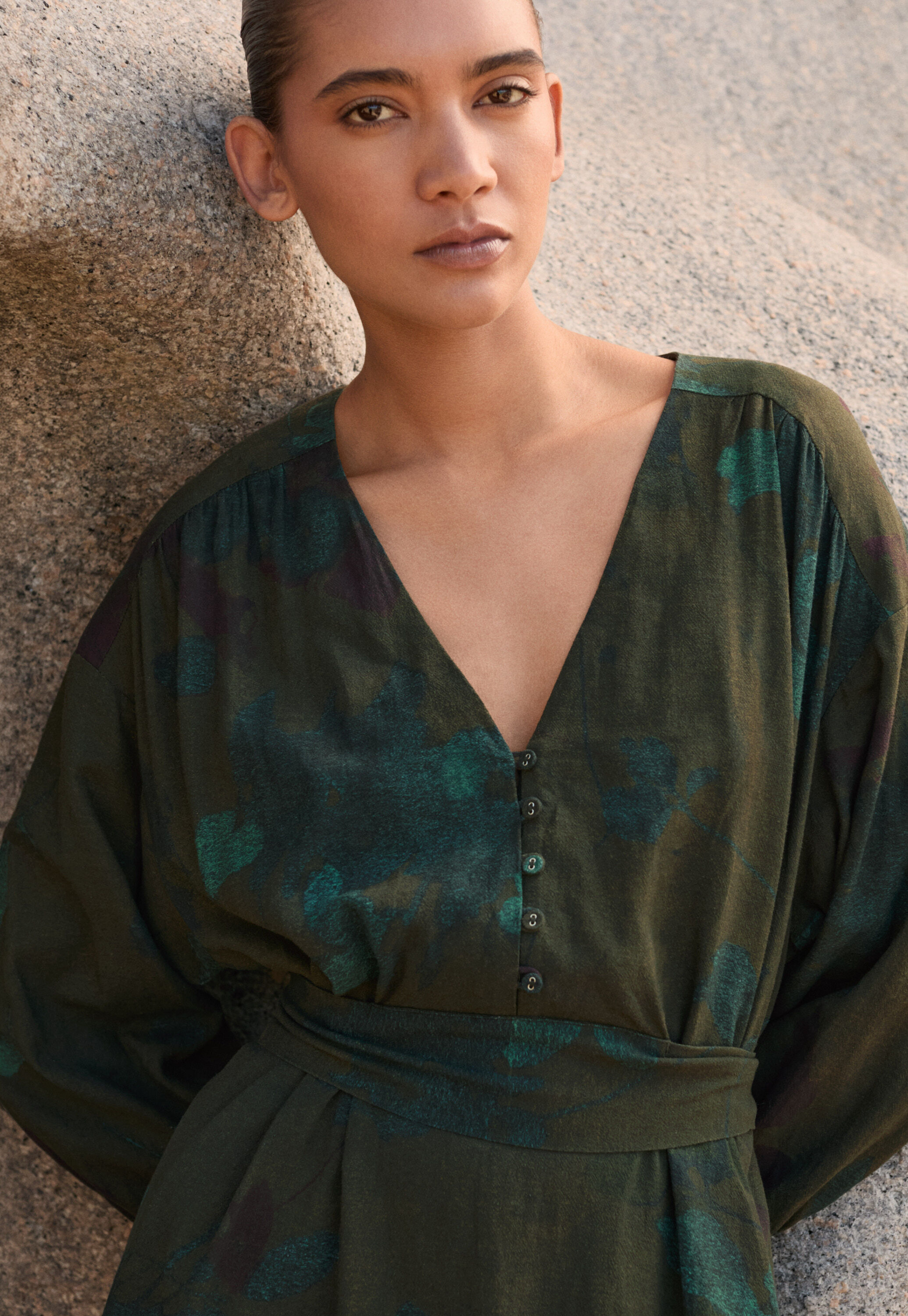 Langes Print-Kleid, Braun/Aquamarin, large
