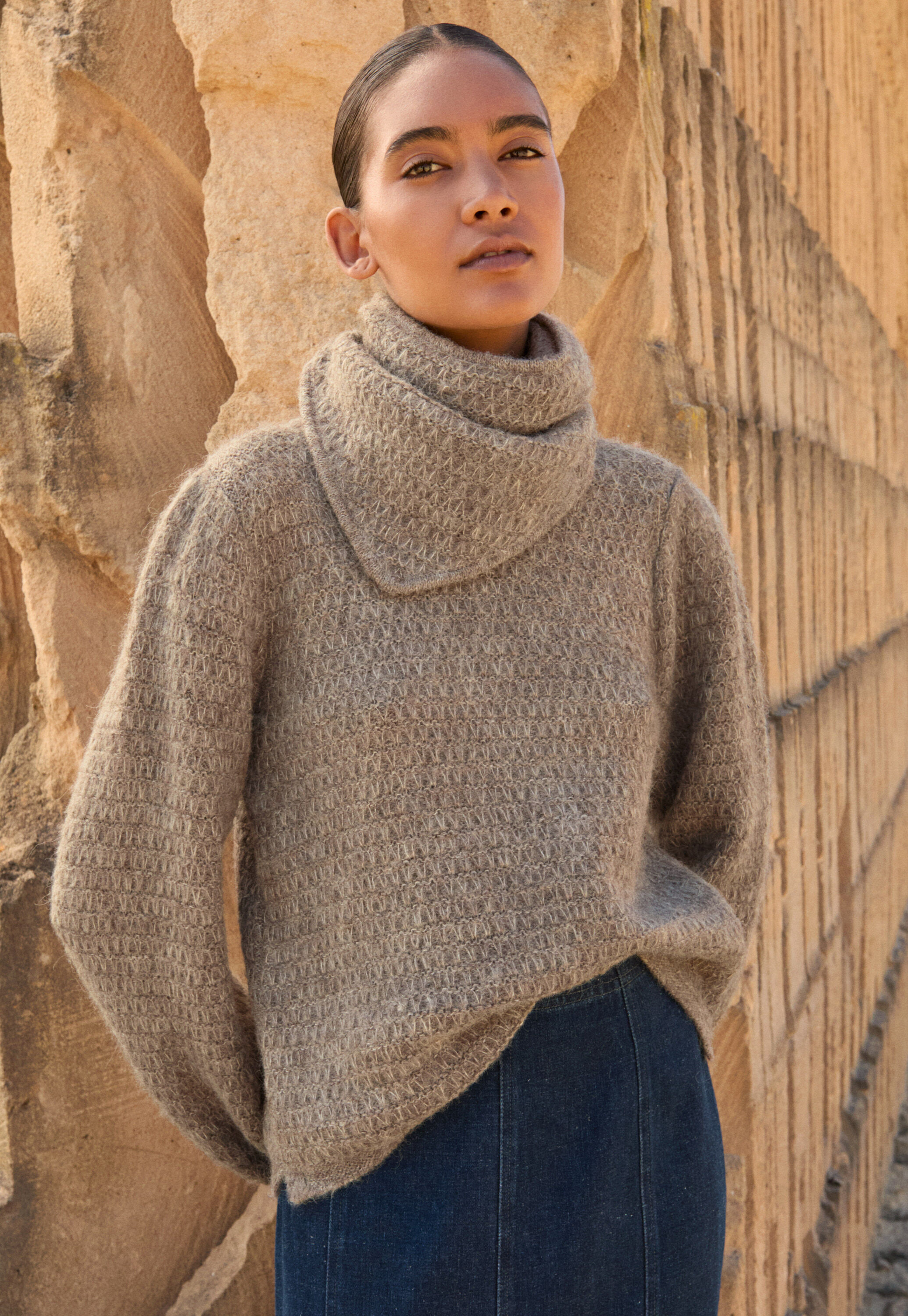 Fangmuster-Pullover, Taupe-Braun, large