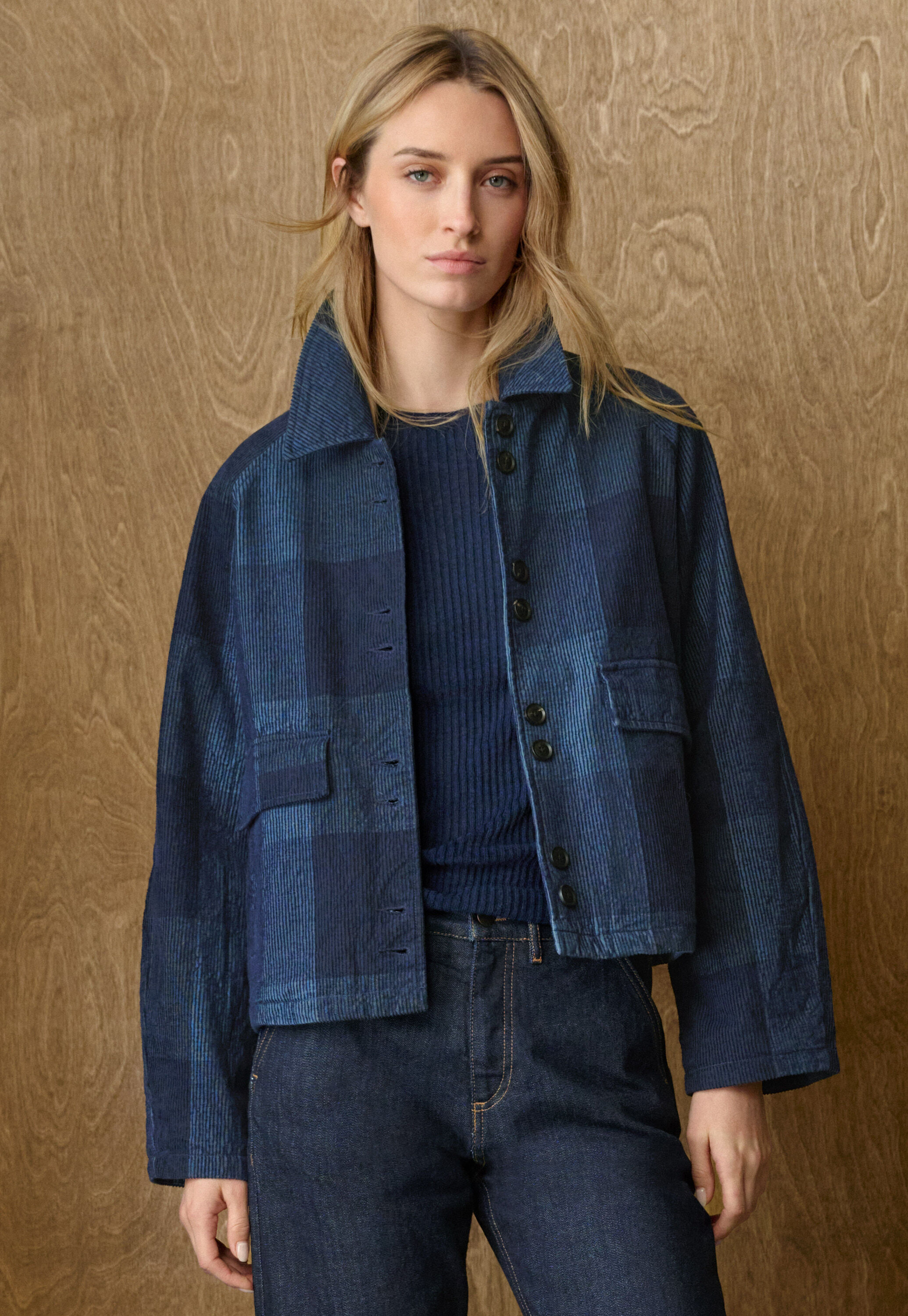 Karierte Cordjacke, Dunkles Indigo, large