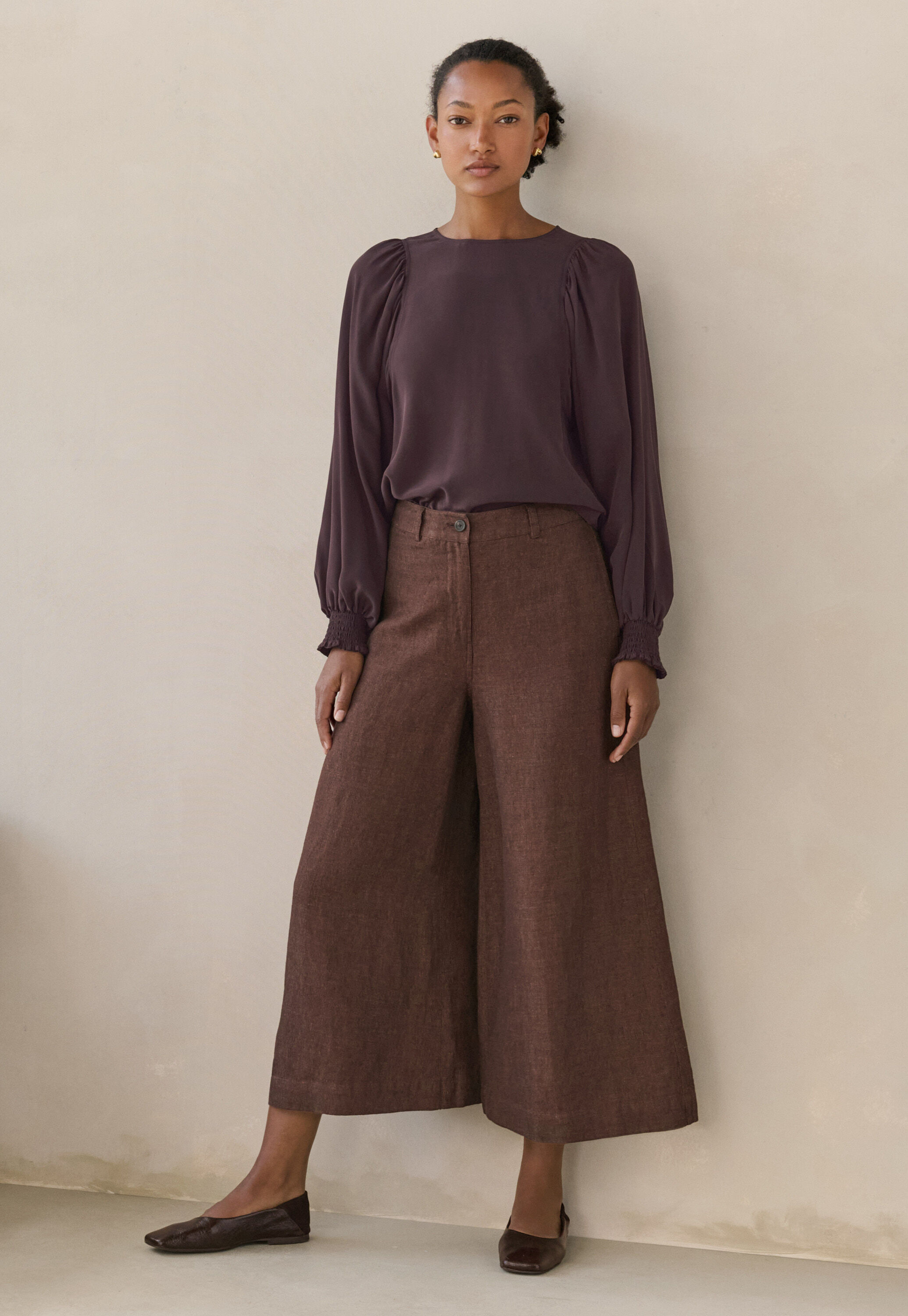 Bluse mit gerafften &Auml;rmeln, Dunkle Schokolade, large