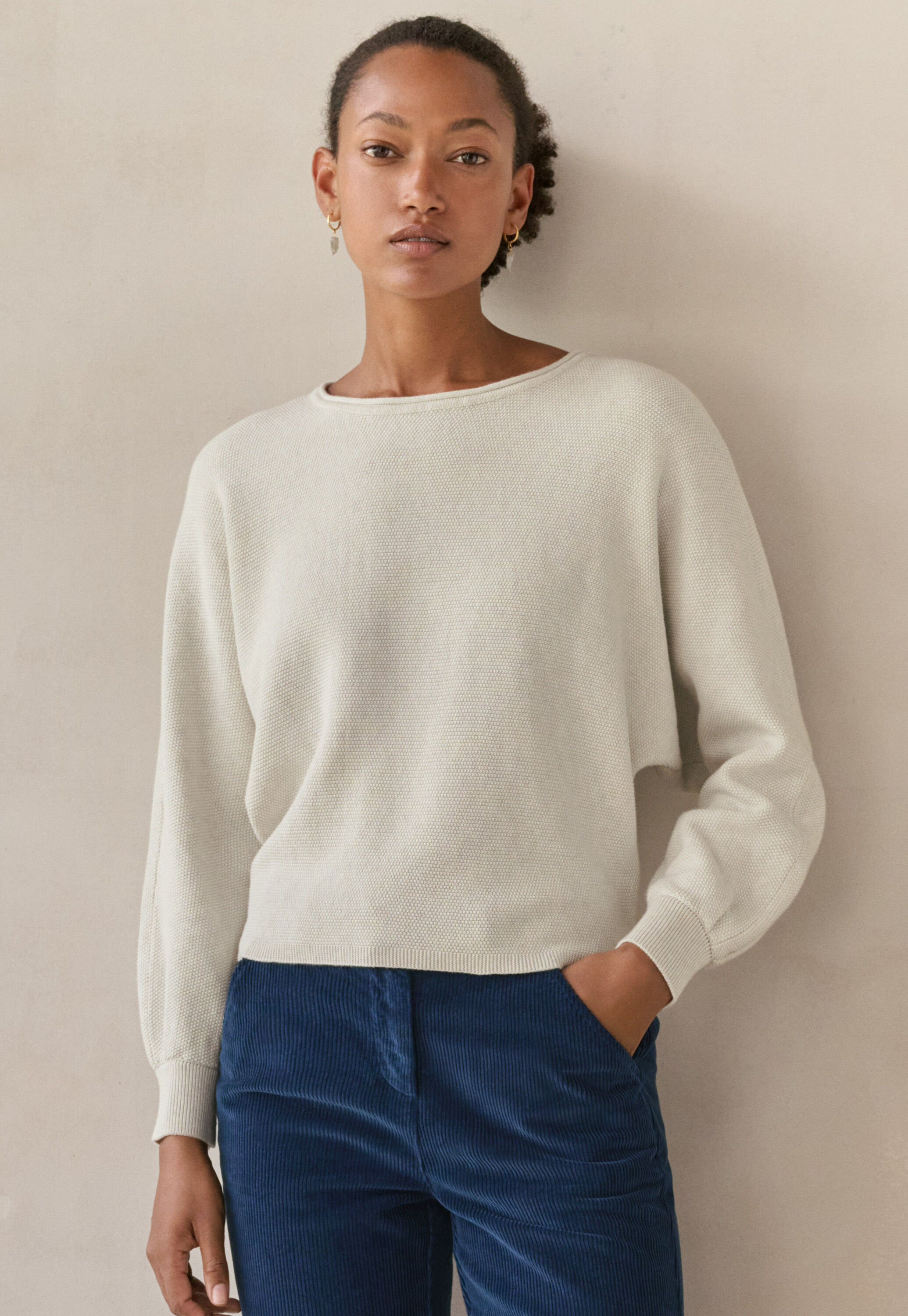 Perlmuster-Dolman-Pullover, Grau/Creme, large