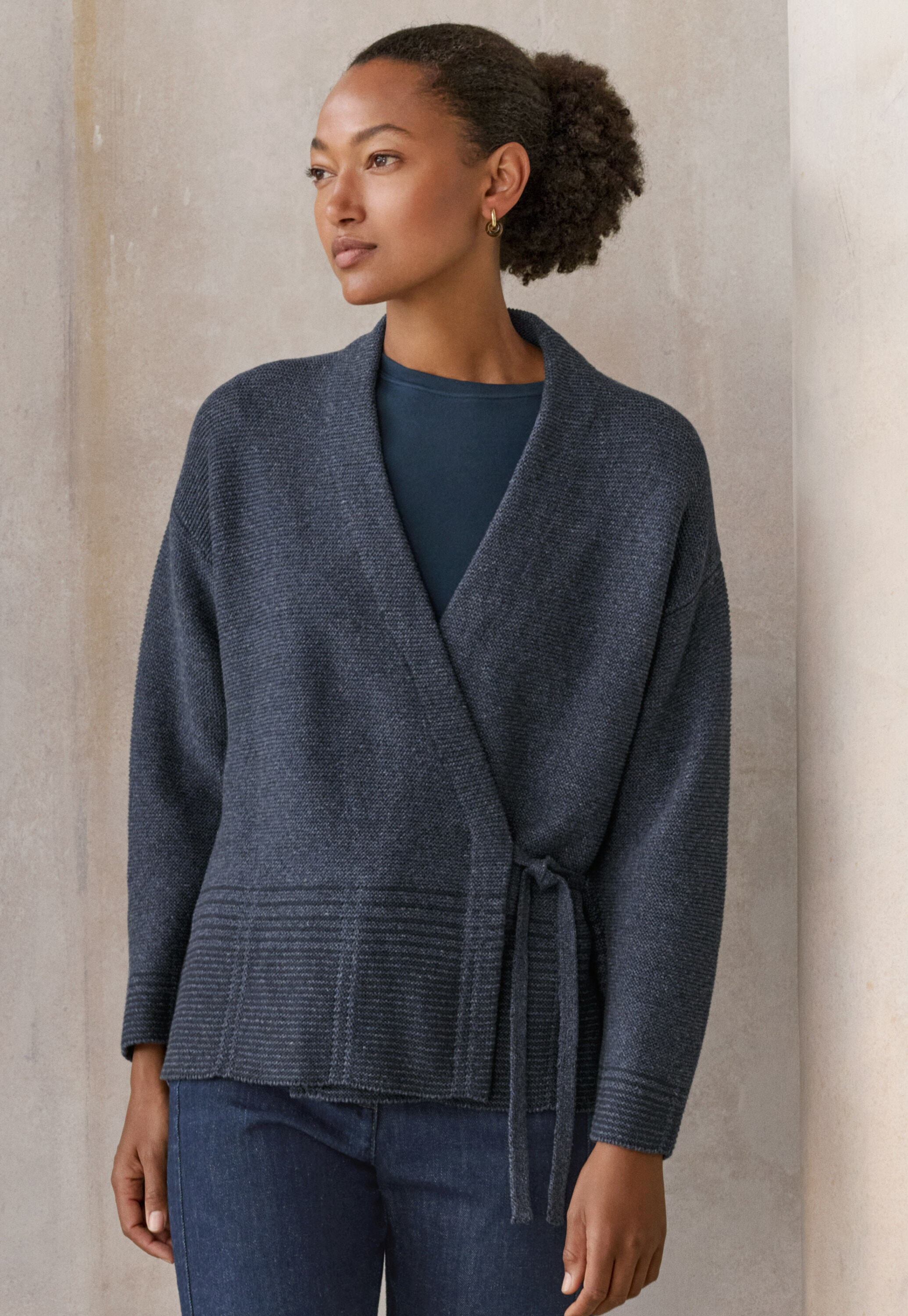 Kimono Cardigan im Karomuster, Dunkles Navy, large