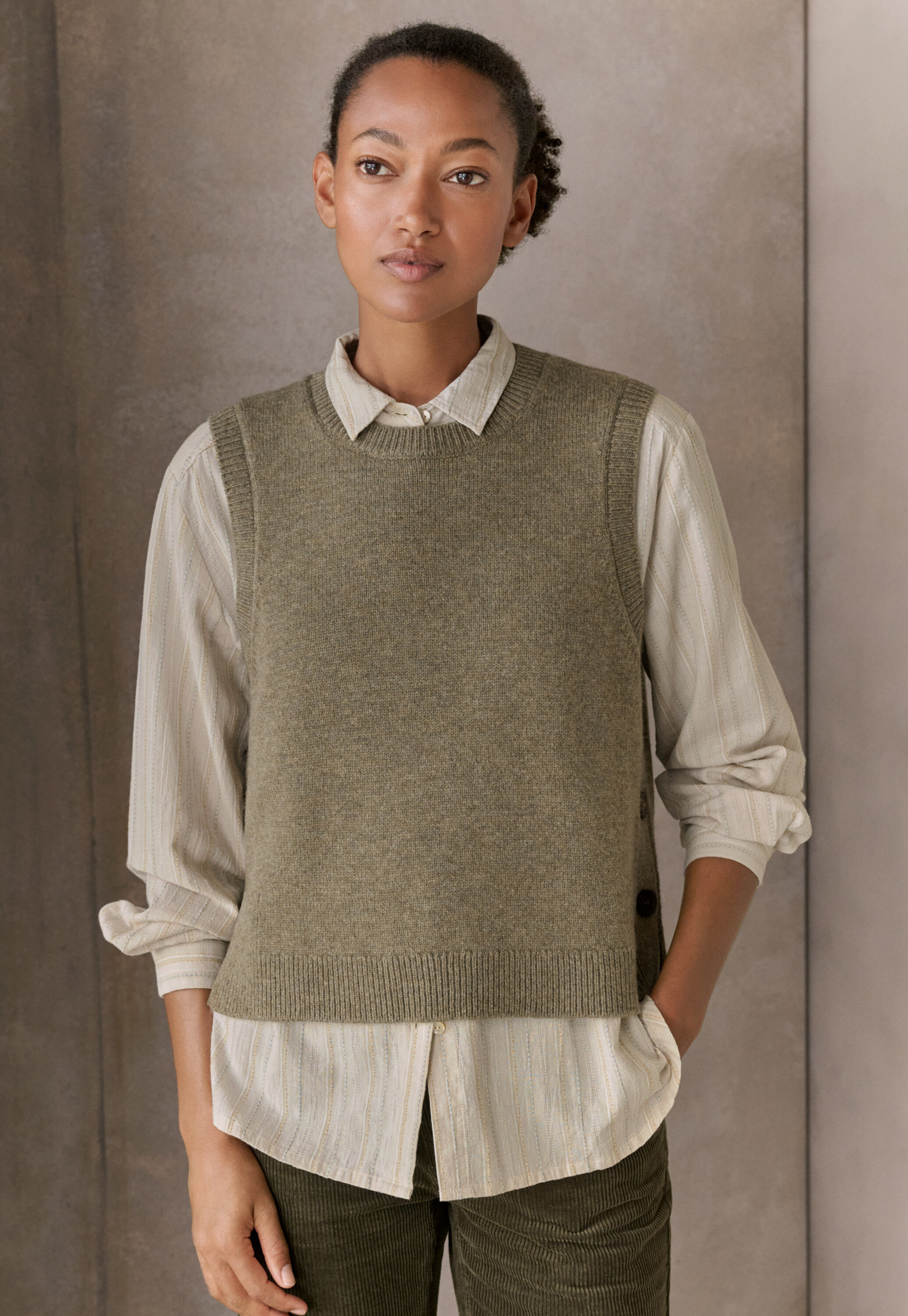 &Auml;rmelloser Pullover, Khaki, large
