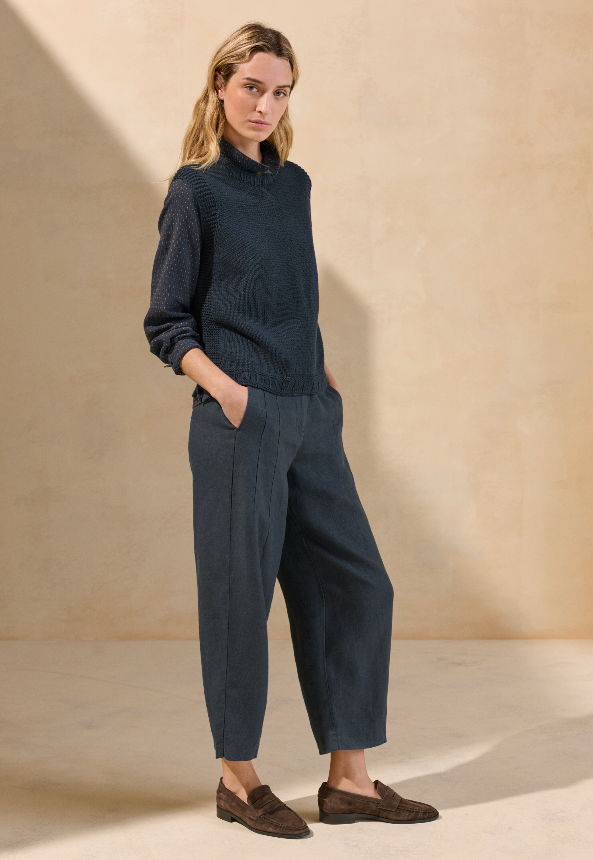 Bluse in Strichmuster-Webung, Petrol/Rost, large