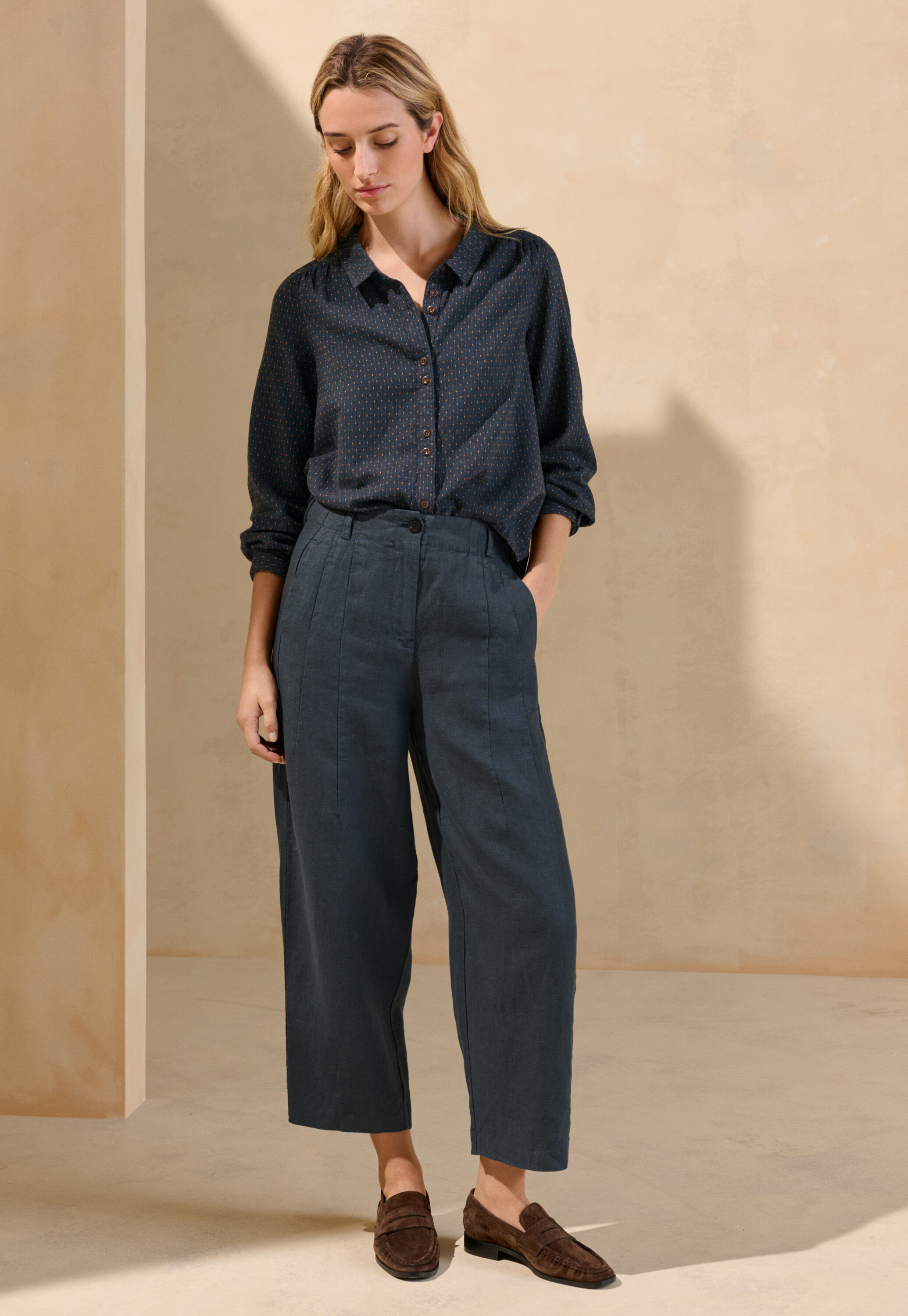 Bluse in Strichmuster-Webung, Petrol/Rost, large