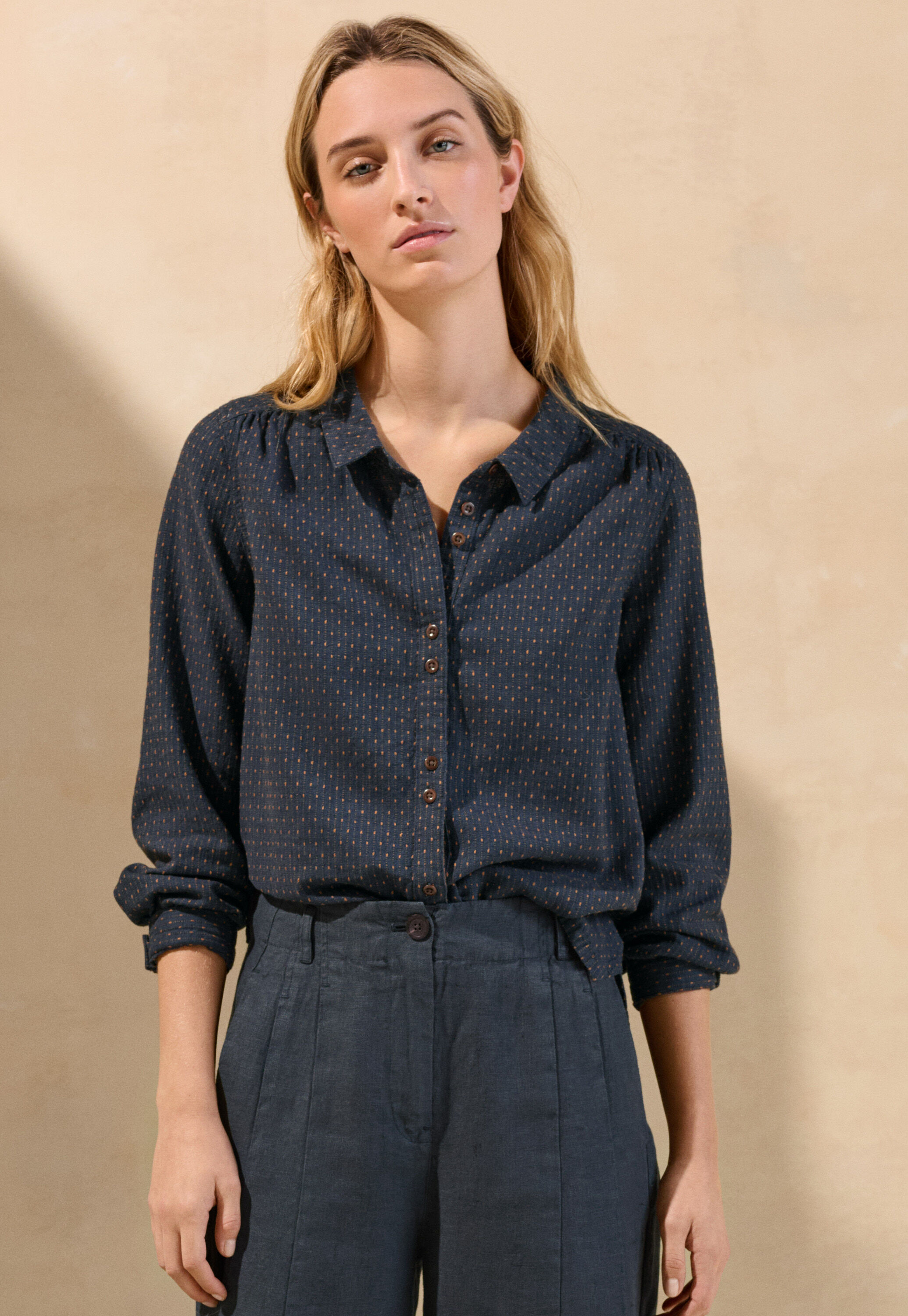 Bluse in Strichmuster-Webung, Petrol/Rost, large