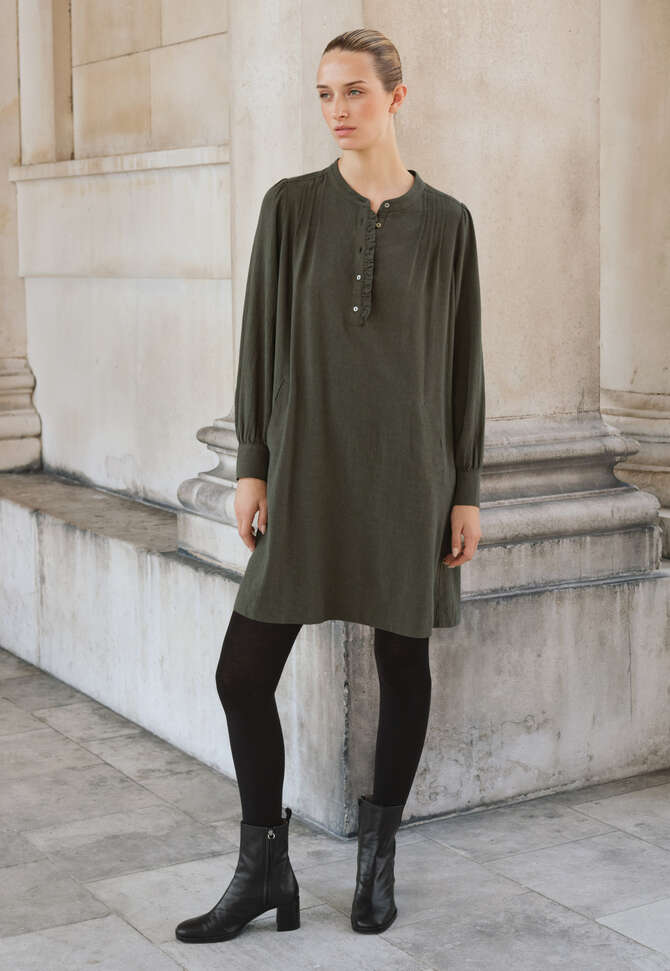 Kleid mit Frontfalten, Dunkles Khaki, completeTheLook