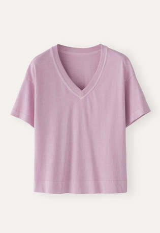 T-Shirt mit V-Ausschnitt, Orchideenrosa, webstill