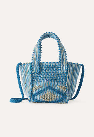 Gekn&uuml;pfte Tasche, Denimblau und Creme, webstill