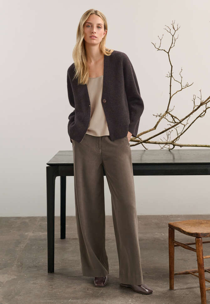 Zweifarbiger Doppelstrick-Cardigan, Dunkle Aubergine, completeTheLook