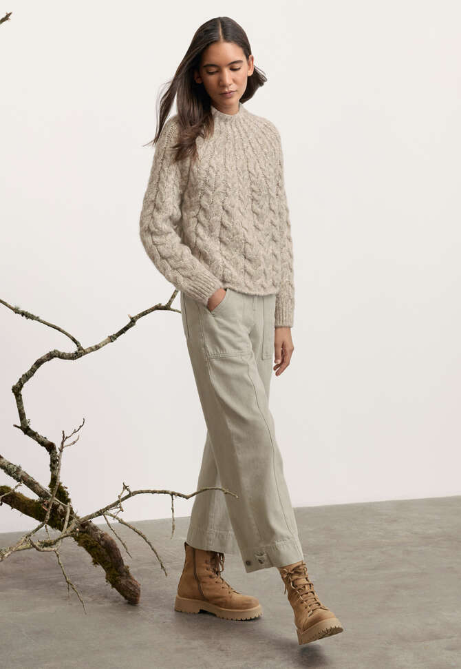 Zopfmusterpullover, Rehbraun-Grau, completeTheLook
