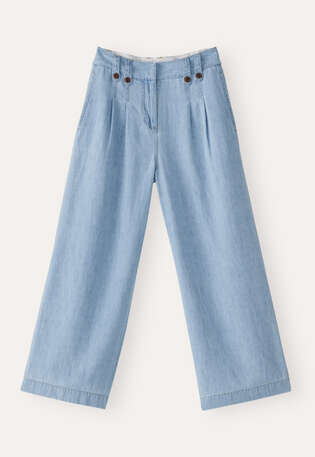 Indigo-gef&auml;rbte, k&uuml;rzer geschnittene Hose, Blasses Denimblau, webstill