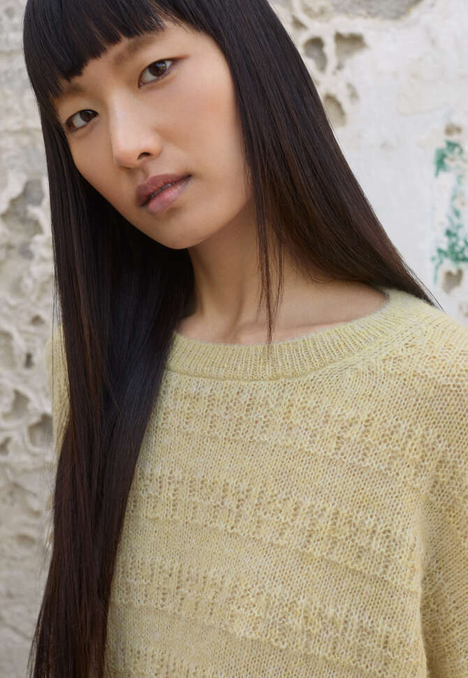 Pullover mit strukturierten Streifen, Zitrone/Rehbraun, completeTheLook