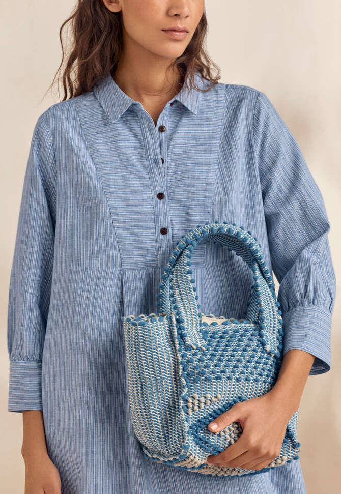Gekn&uuml;pfte Tasche, Denimblau und Creme, completeTheLook