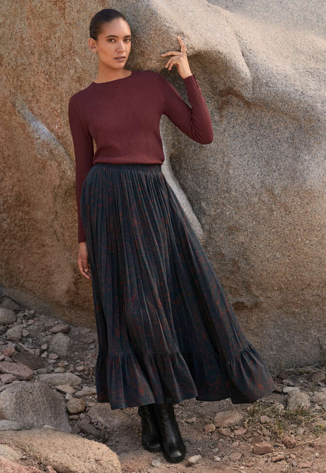 Rock mit Print und ausgestelltem Saum, Petrol/Pflaume, completeTheLook