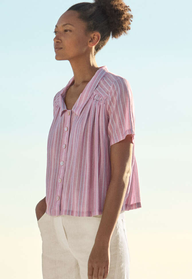 Gestreifte Bluse mit Falten, Veilchenrosa, completeTheLook