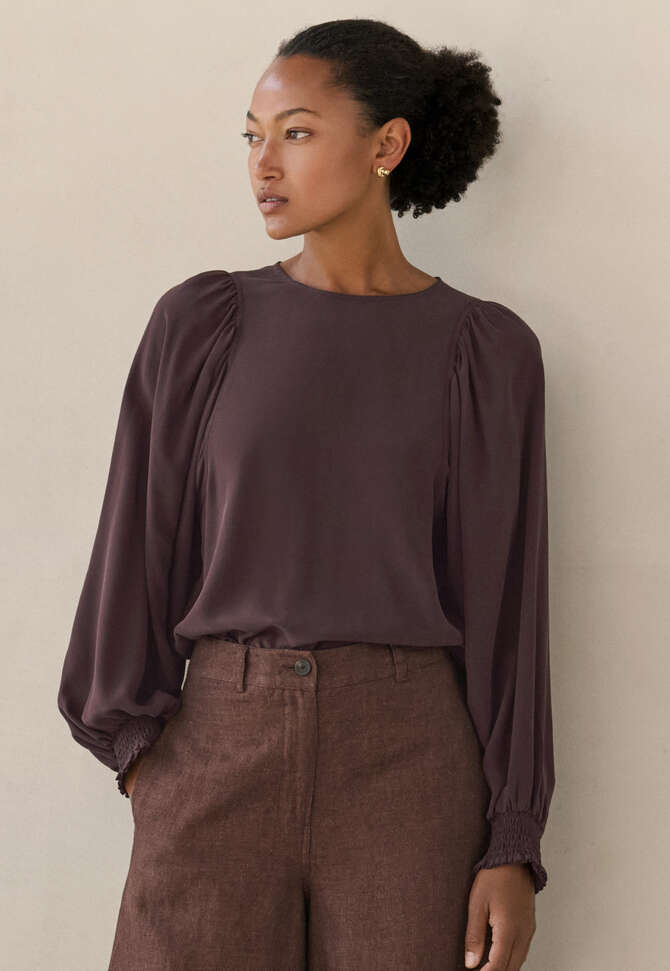 Bluse mit gerafften &Auml;rmeln, Dunkle Schokolade, completeTheLook