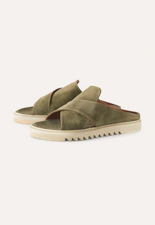 Sandalen mit gekreuzter Front, Olivfarbenes Wildleder, webstill
