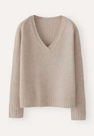 Pullover mit V-Ausschnitt, Ecru/Rehbraun, webstill
