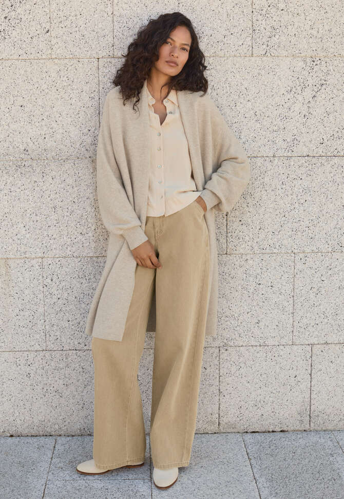Langer Cardigan, Ecru/Rehbraun, completeTheLook