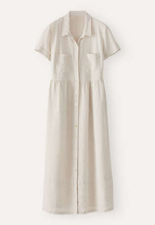 Kleid mit geraffter Taille, Blasses Naturbeige, webstill