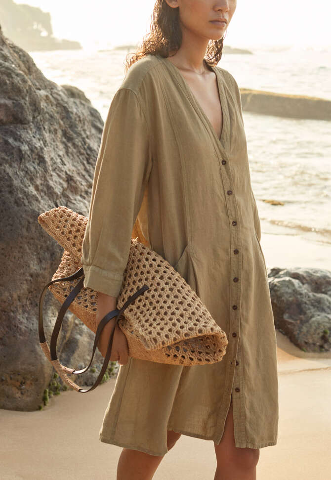 Geflochtene Tasche mit Lederriemen, Tee, completeTheLook