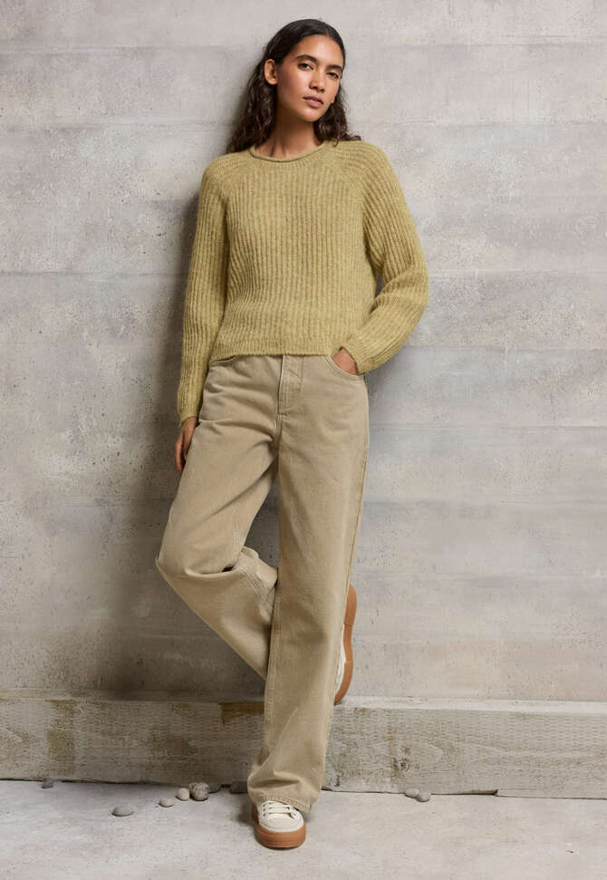 Ripppullover mit Rundhalsausschnitt, Flechtengelb, completeTheLook