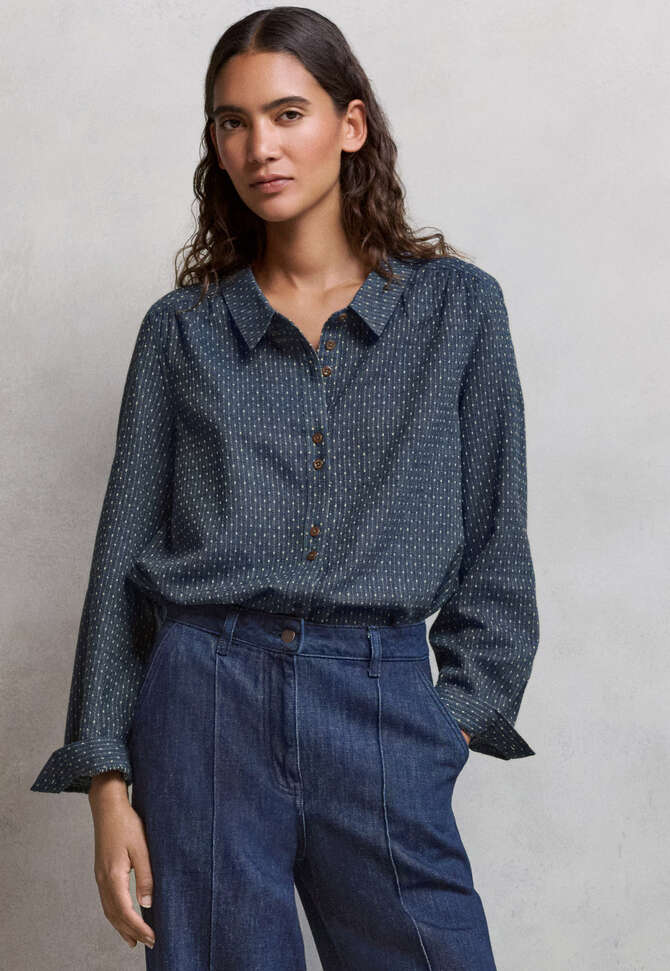 Bluse in Strichmuster-Webung, Zartes Indigo, completeTheLook