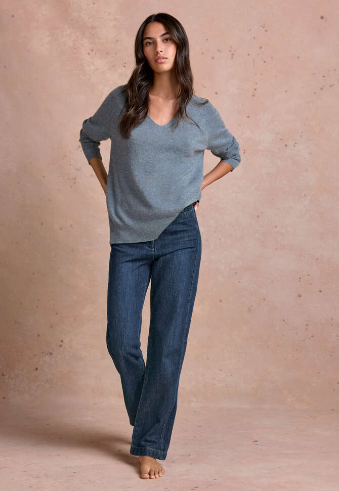Pullover mit V-Ausschnitt, Gefrostetes Petrol, completeTheLook