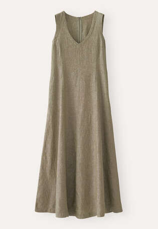 Kleid mit V-Ausschnitt, Dunkles Oliv, webstill