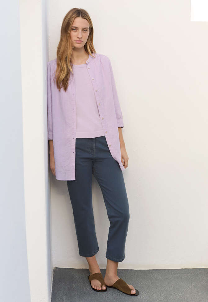 Lange Bluse mit geschwungenem Saum, Fliederrosa, completeTheLook