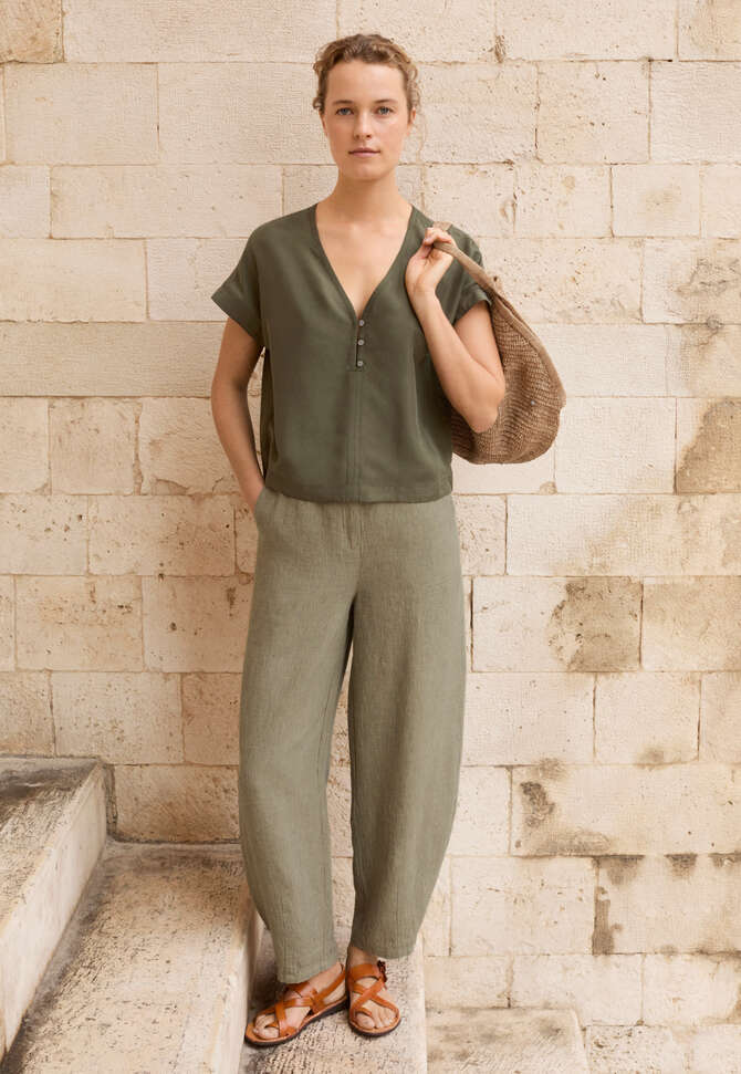 Oberteil mit V-Ausschnitt, Dunkles Khaki, completeTheLook