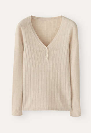 Ripppullover mit V-Ausschnitt, Zartes Rehbraun, webstill